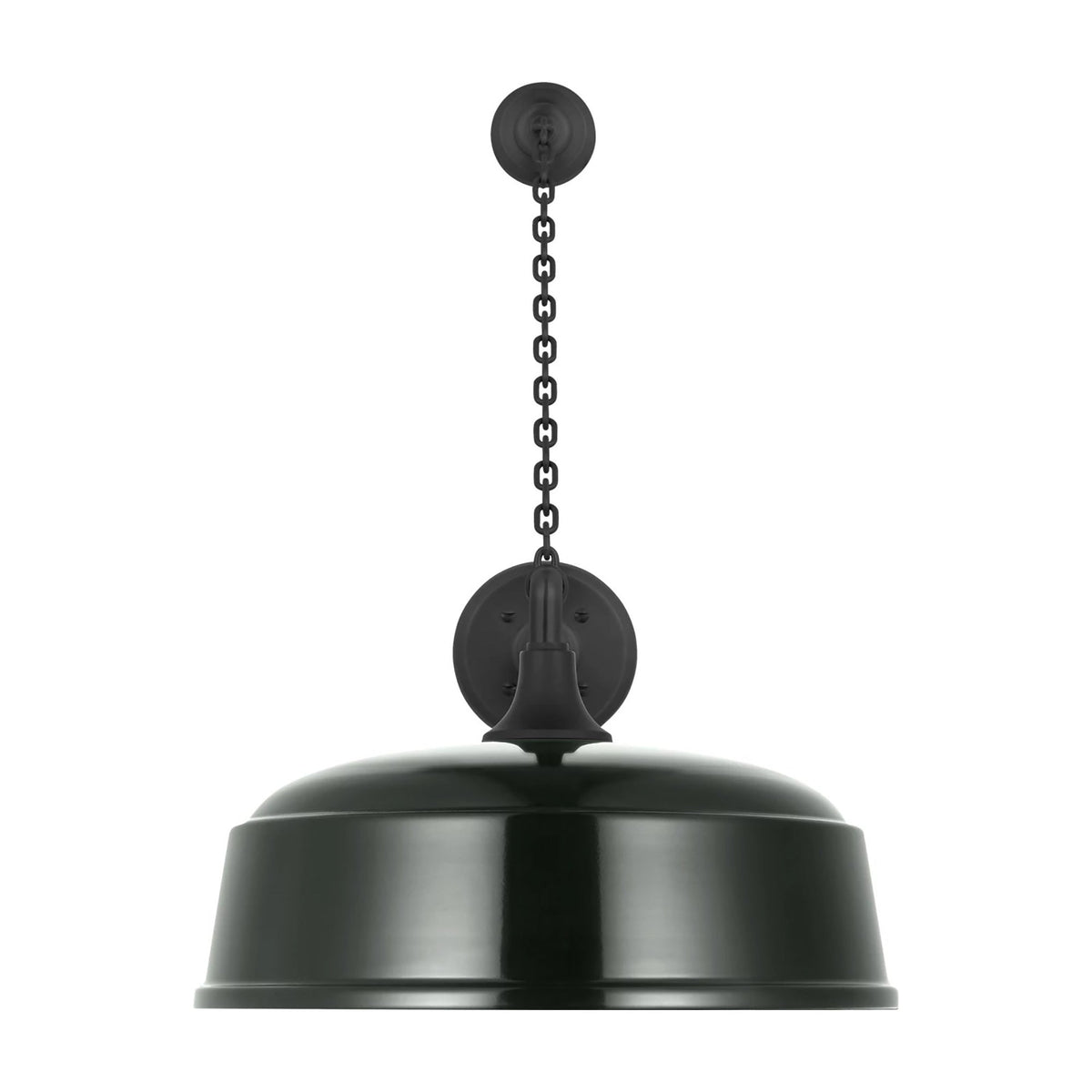 Academy Anchored Mack Barn Outdoor Wall Light in Matte Black (16-Inch Green Rockhouse Shade).