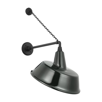 Academy Anchored Mack Barn Outdoor Wall Light in Matte Black (16-Inch Green Tilted Bowers Shade).