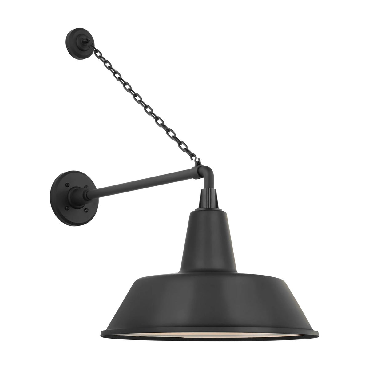 Academy Anchored Mack Barn Outdoor Wall Light in Matte Black (16-Inch Matte Black Bowers Shade).