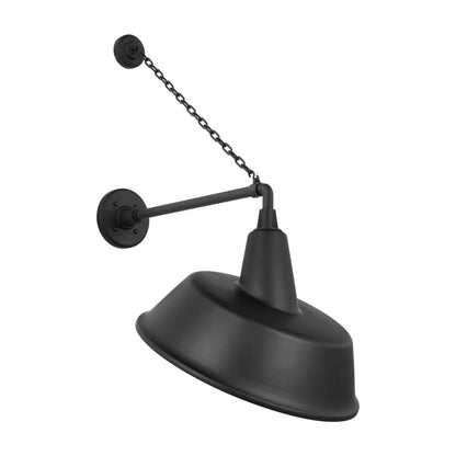 Academy Anchored Mack Barn Outdoor Wall Light in Matte Black (16-Inch Matte Black Tilted Bowers Shade).