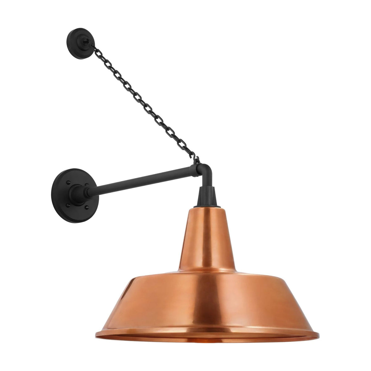 Academy Anchored Mack Barn Outdoor Wall Light in Matte Black (16-Inch Soft Copper Bowers Shade).