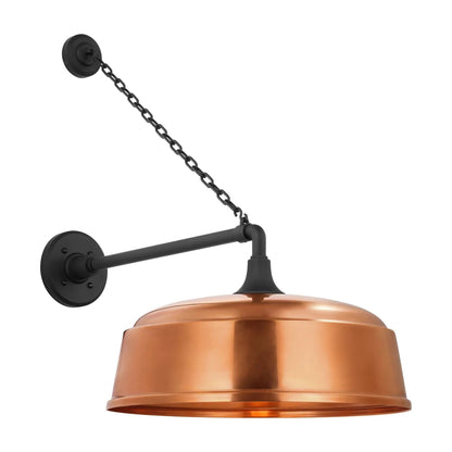 Academy Anchored Mack Barn Outdoor Wall Light in Matte Black (16-Inch Soft Copper Rockhouse Shade).