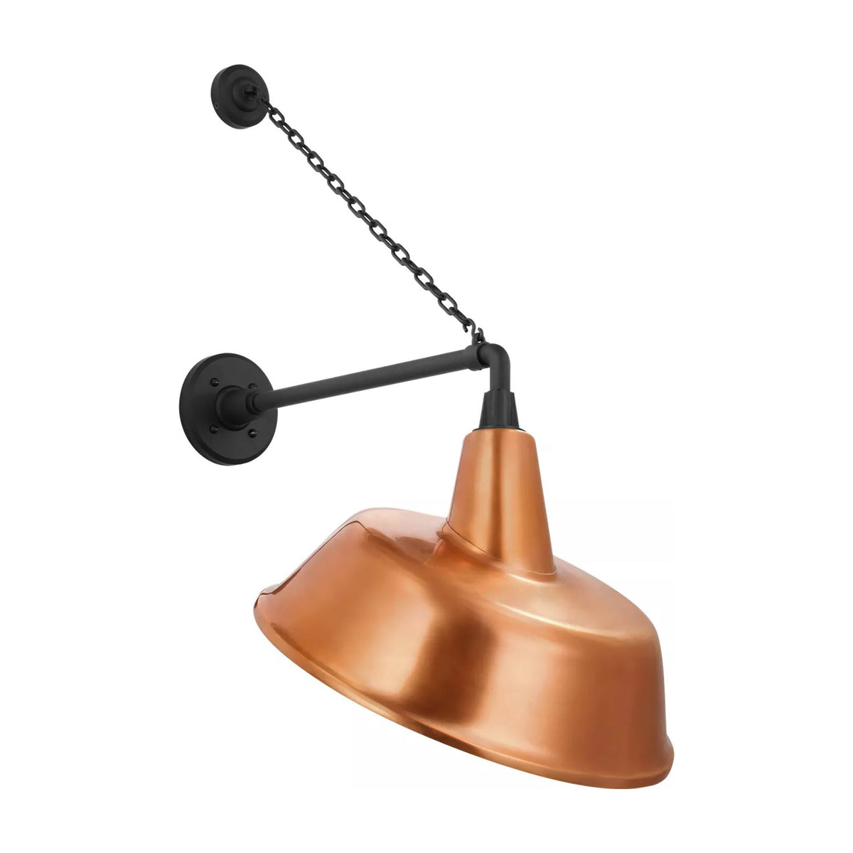 Academy Anchored Mack Barn Outdoor Wall Light in Matte Black (16-Inch Soft Copper Tilted Bowers Shade).