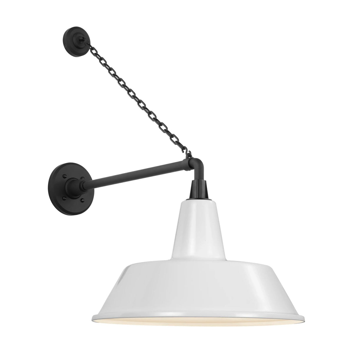 Academy Anchored Mack Barn Outdoor Wall Light in Matte Black (16-Inch White Bowers Shade).