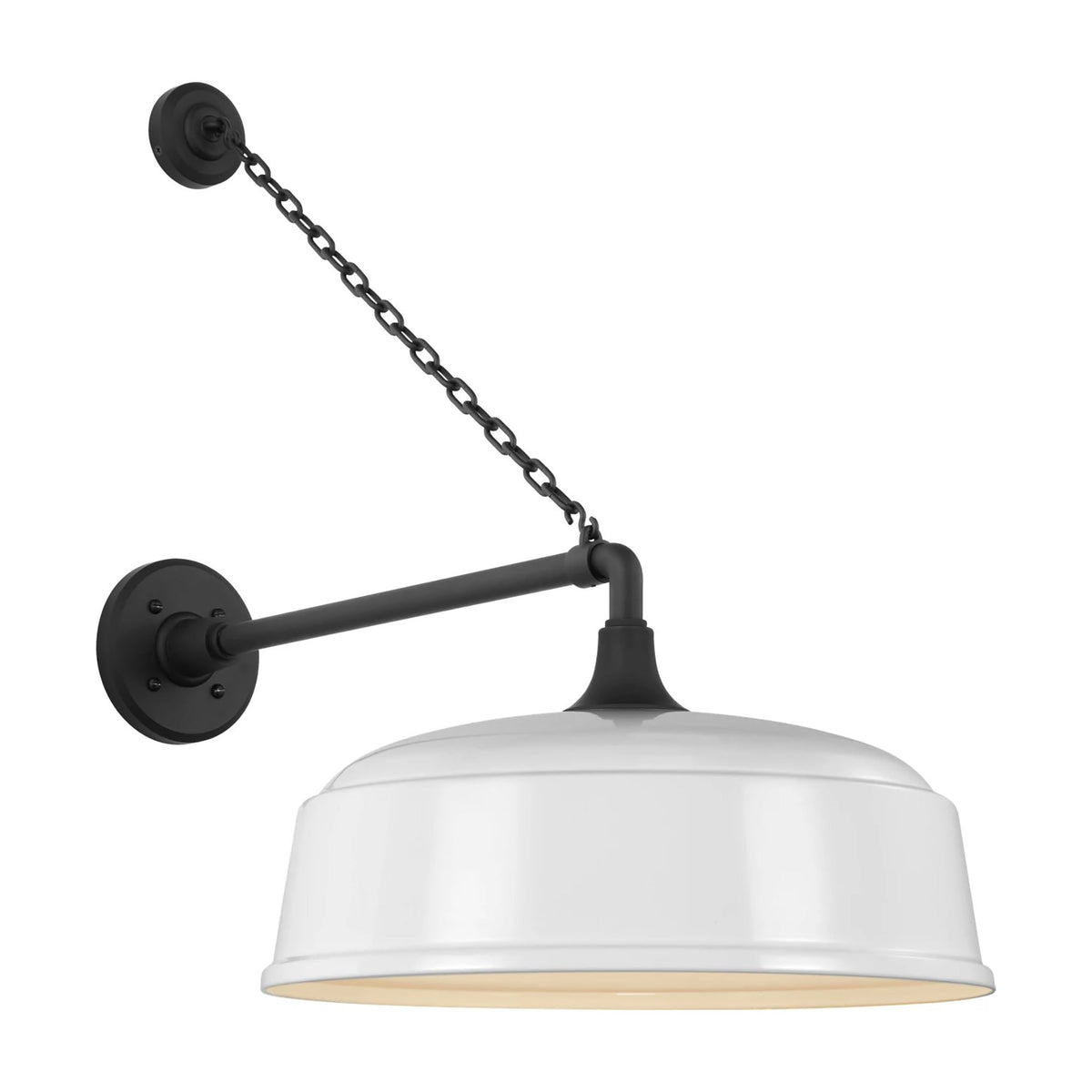 Academy Anchored Mack Barn Outdoor Wall Light in Matte Black (16-Inch White Rockhouse Shade).