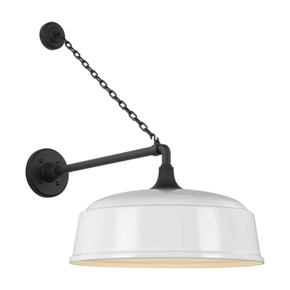 Academy Anchored Mack Barn Outdoor Wall Light in Matte Black (16-Inch White Rockhouse Shade).