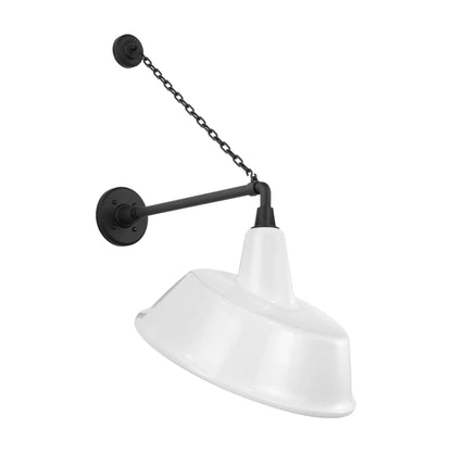 Academy Anchored Mack Barn Outdoor Wall Light in Matte Black (16-Inch White Tilted Bowers Shade).