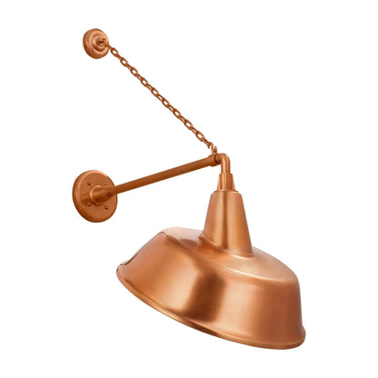 Academy Anchored Mack Barn Outdoor Wall Light in Soft Copper (16-Inch Soft Copper Tilted Bowers Shade).