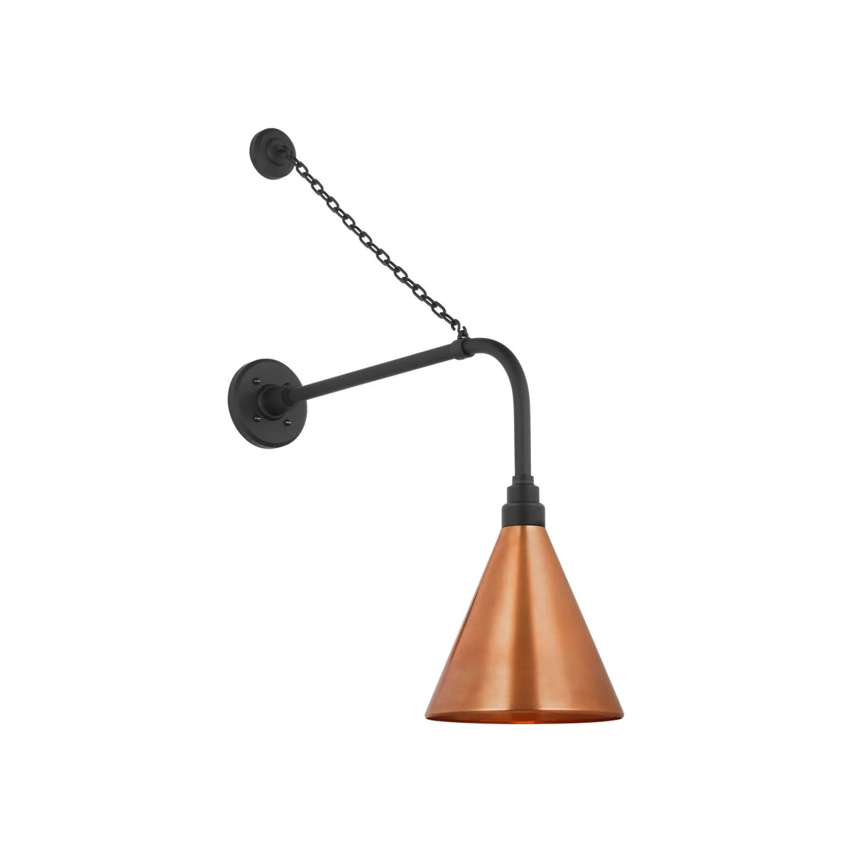 Academy Anchored Rex Barn Outdoor Wall Light in Matte Black (9-Inch Soft Copper Conical Savannah Shade).