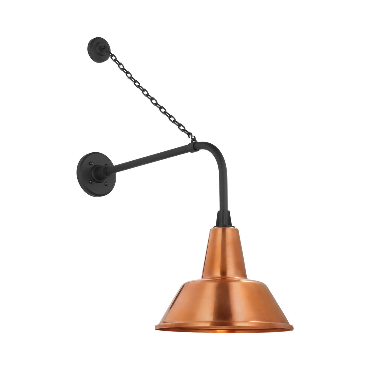 Academy Anchored Rex Barn Outdoor Wall Light in Matte Black (12.5-Inch Soft Copper Bowers Shade).