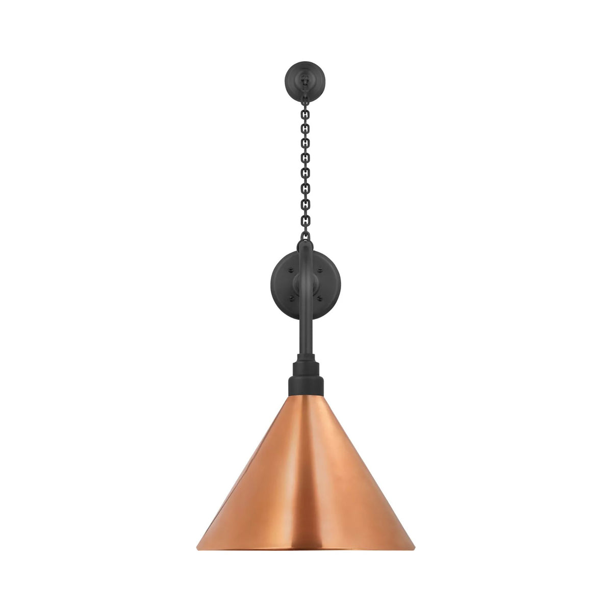 Academy Anchored Rex Barn Outdoor Wall Light in Matte Black (12.5-Inch Soft Copper Conical Savannah Shade).