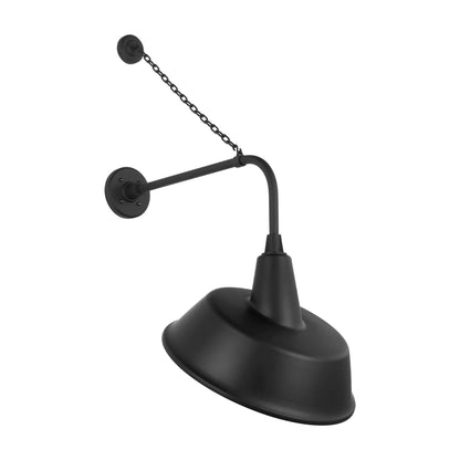 Academy Anchored Rex Barn Outdoor Wall Light in Matte Black (16-Inch Matte Black Tilted Bowers Shade).