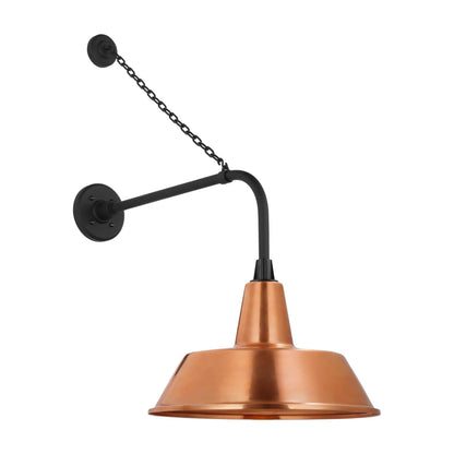 Academy Anchored Rex Barn Outdoor Wall Light in Matte Black (16-Inch Soft Copper Bowers Shade).