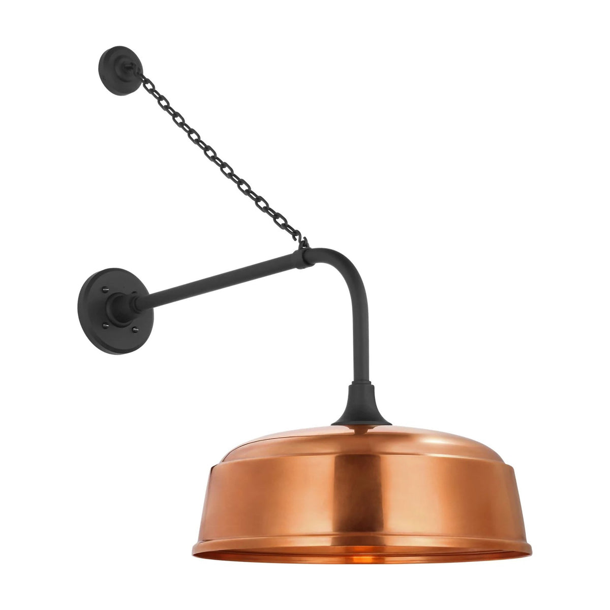 Academy Anchored Rex Barn Outdoor Wall Light in Matte Black (16-Inch Soft Copper Rockhouse Shade).
