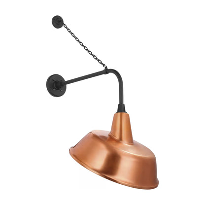 Academy Anchored Rex Barn Outdoor Wall Light in Matte Black (16-Inch Soft Copper Tilted Bowers Shade).