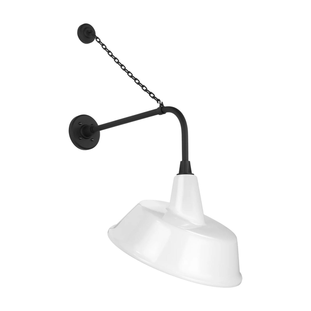 Academy Anchored Rex Barn Outdoor Wall Light in Matte Black (16-Inch White Tilted Bowers Shade).