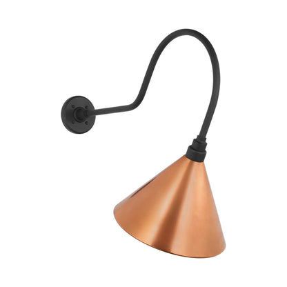 Academy Angled Flynn Barn Outdoor Wall Light in Matte Black (12.5-Inch Soft Copper Conical Savannah Shade).
