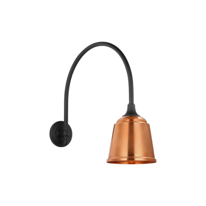 Academy Arched Mack Barn Outdoor Wall Light in Matte Black (8-Inch Soft Copper Rockhouse Shade).