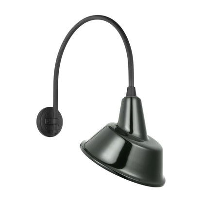 Academy Arched Mack Barn Outdoor Wall Light in Matte Black (12.5-Inch Green Tilted Bowers Shade).