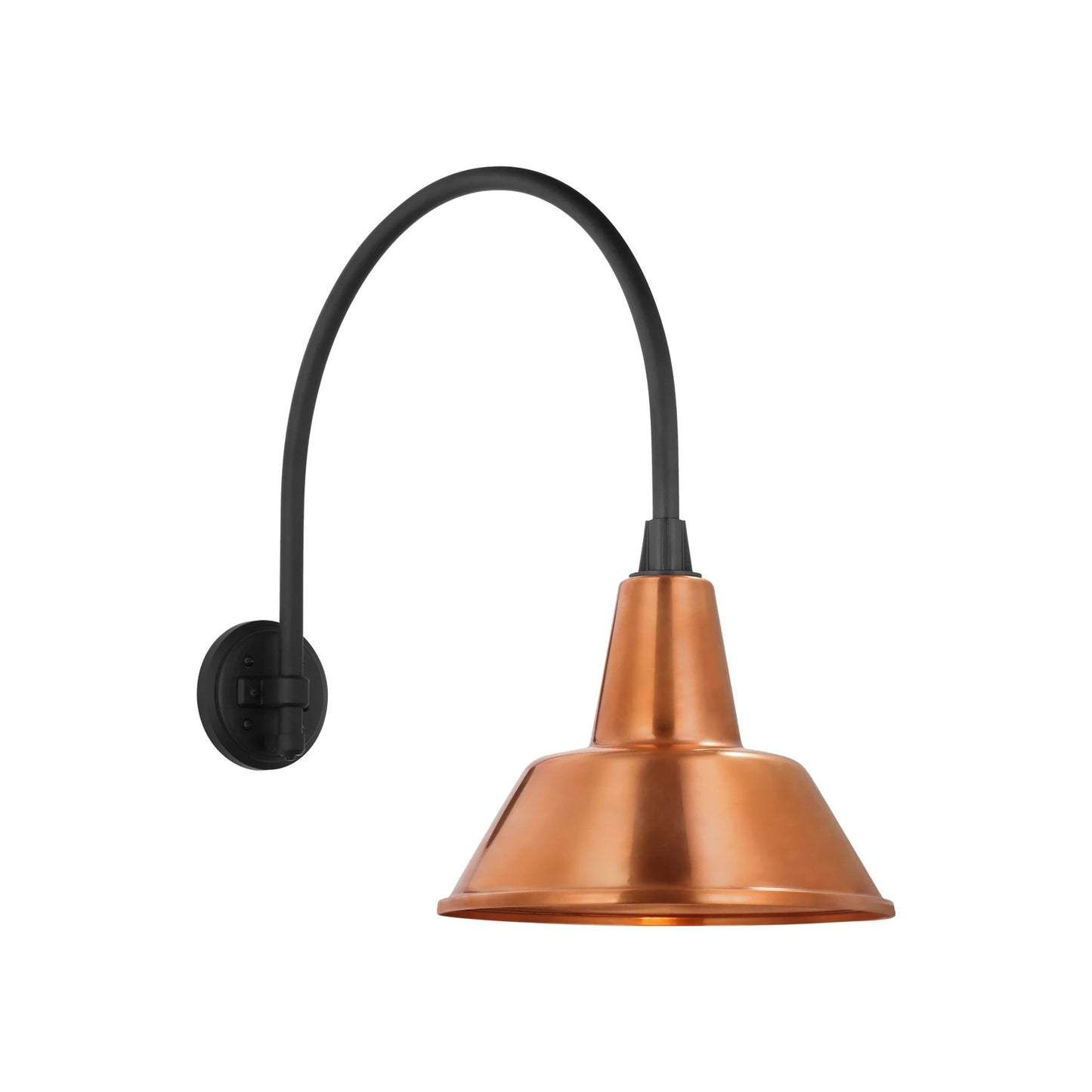 Academy Arched Mack Barn Outdoor Wall Light in Matte Black (12.5-Inch Soft Copper Bowers Shade).
