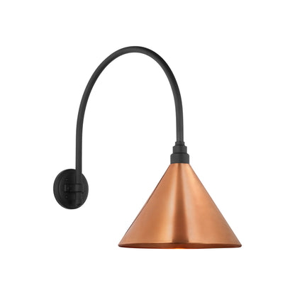 Academy Arched Mack Barn Outdoor Wall Light in Matte Black (12.5-Inch Soft Copper Conical Savannah Shade).