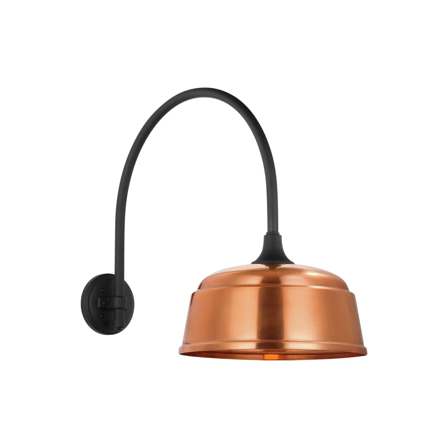 Academy Arched Mack Barn Outdoor Wall Light in Matte Black (12.5-Inch Soft Copper Rockhouse Shade).