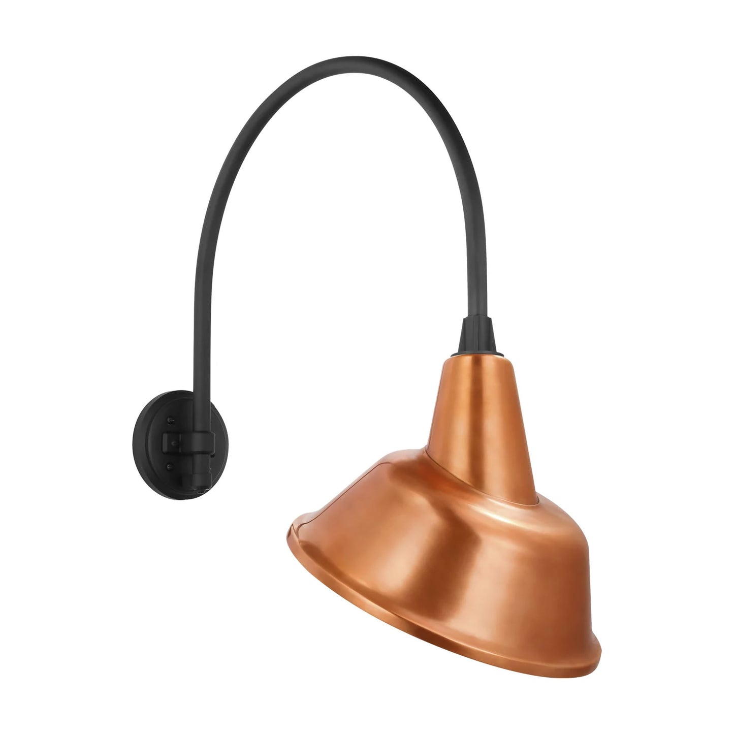 Academy Arched Mack Barn Outdoor Wall Light in Matte Black (12.5-Inch Soft Copper Tilted Bowers Shade).