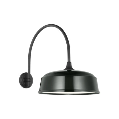 Academy Arched Mack Barn Outdoor Wall Light in Matte Black (16-Inch Green Rockhouse Shade).