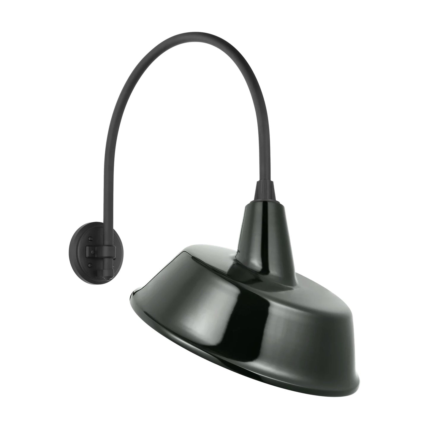 Academy Arched Mack Barn Outdoor Wall Light in Matte Black (16-Inch Green Tilted Bowers Shade).