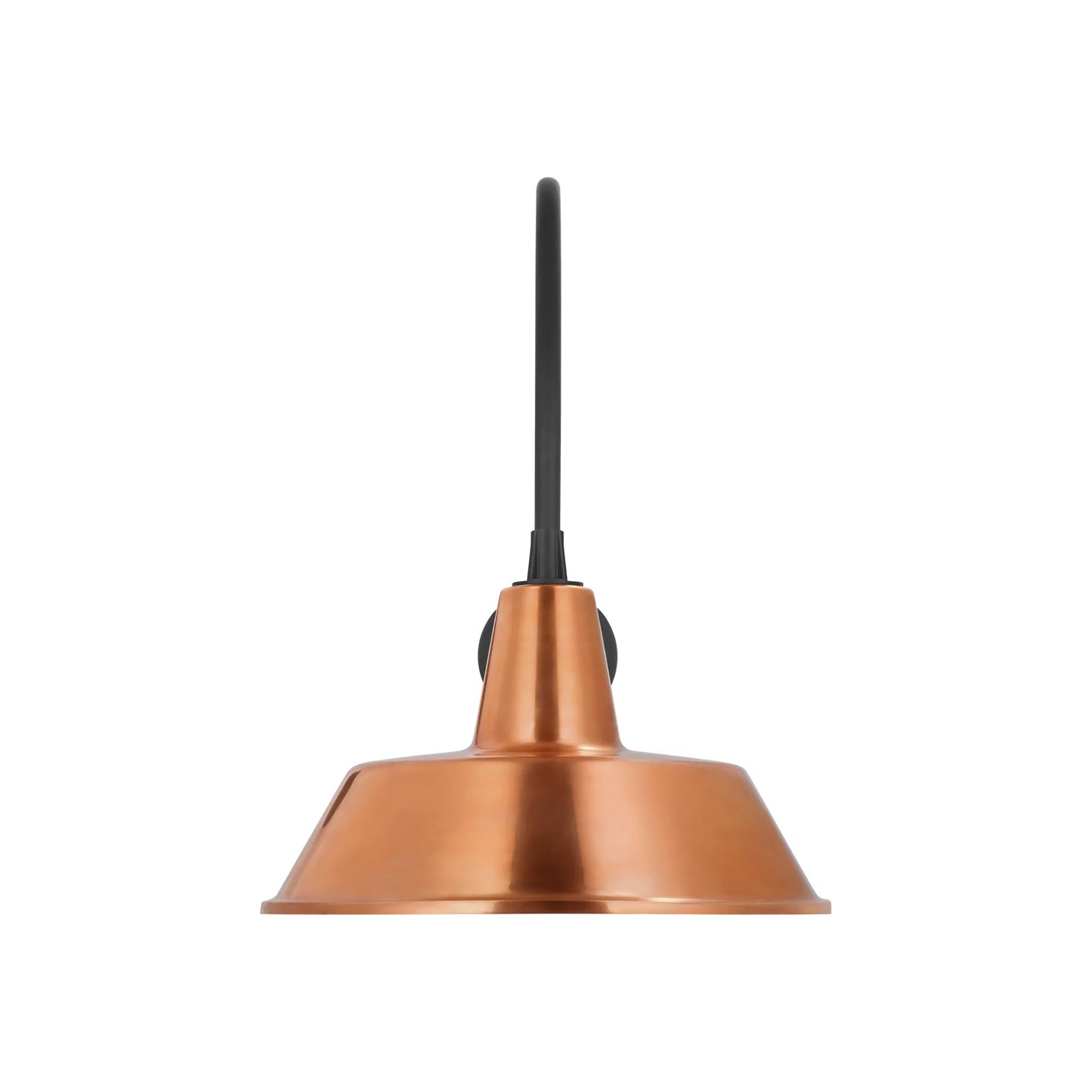 Academy Arched Mack Barn Outdoor Wall Light in Matte Black (16-Inch Soft Copper Bowers Shade).