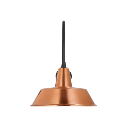 Academy Arched Mack Barn Outdoor Wall Light in Matte Black (16-Inch Soft Copper Bowers Shade).