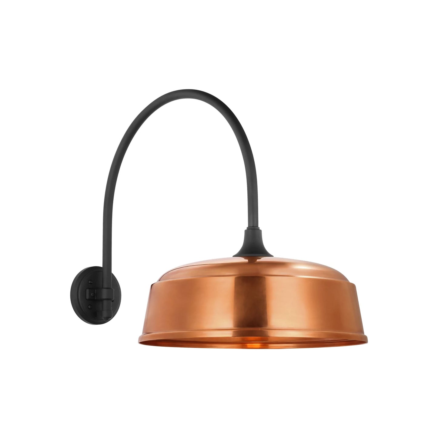 Academy Arched Mack Barn Outdoor Wall Light in Matte Black (16-Inch Soft Copper Rockhouse Shade).
