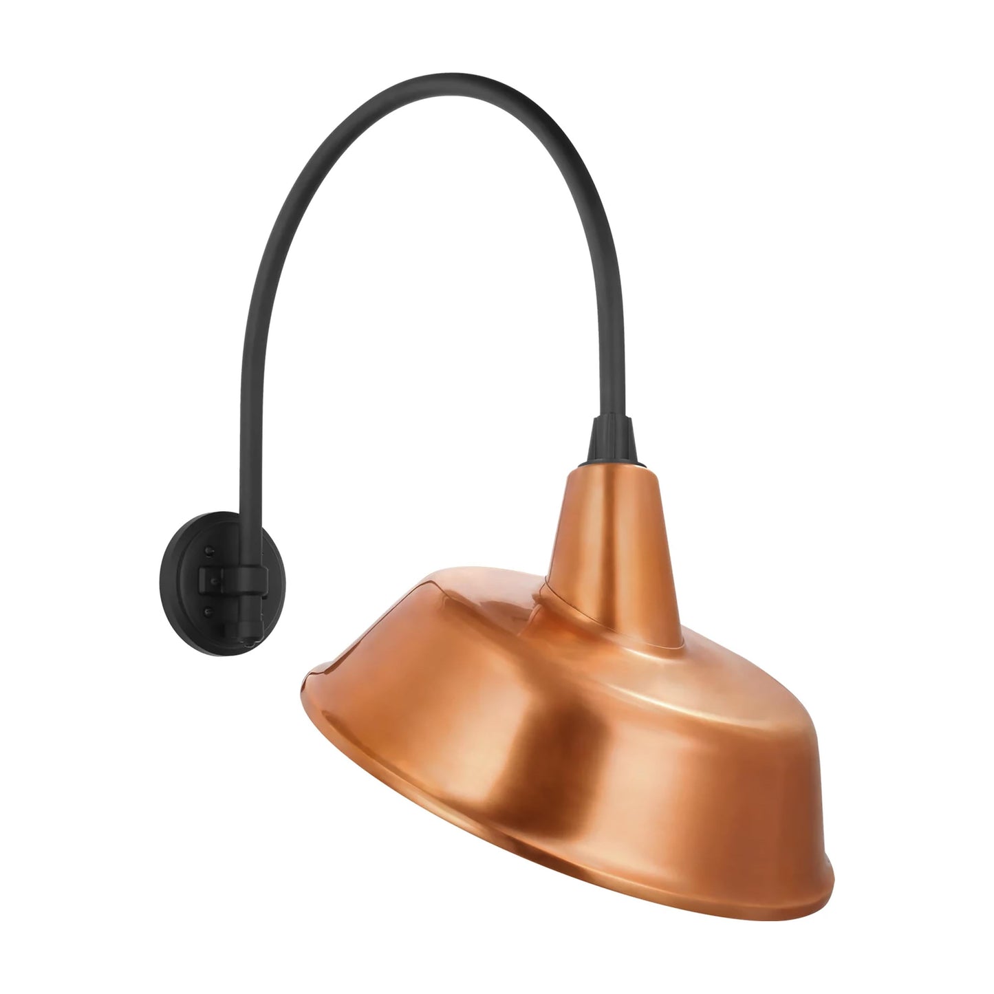 Academy Arched Mack Barn Outdoor Wall Light in Matte Black (16-Inch Soft Copper Tilted Bowers Shade).