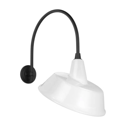 Academy Arched Mack Barn Outdoor Wall Light in Matte Black (16-Inch White Tilted Bowers Shade).