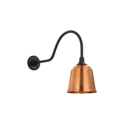 Academy Flynn Barn Outdoor Wall Light in Matte Black (8-Inch Soft Copper Rockhouse Shade).