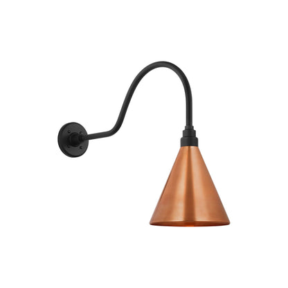 Academy Flynn Barn Outdoor Wall Light in Matte Black (9-Inch Soft Copper Conical Savannah Shade).