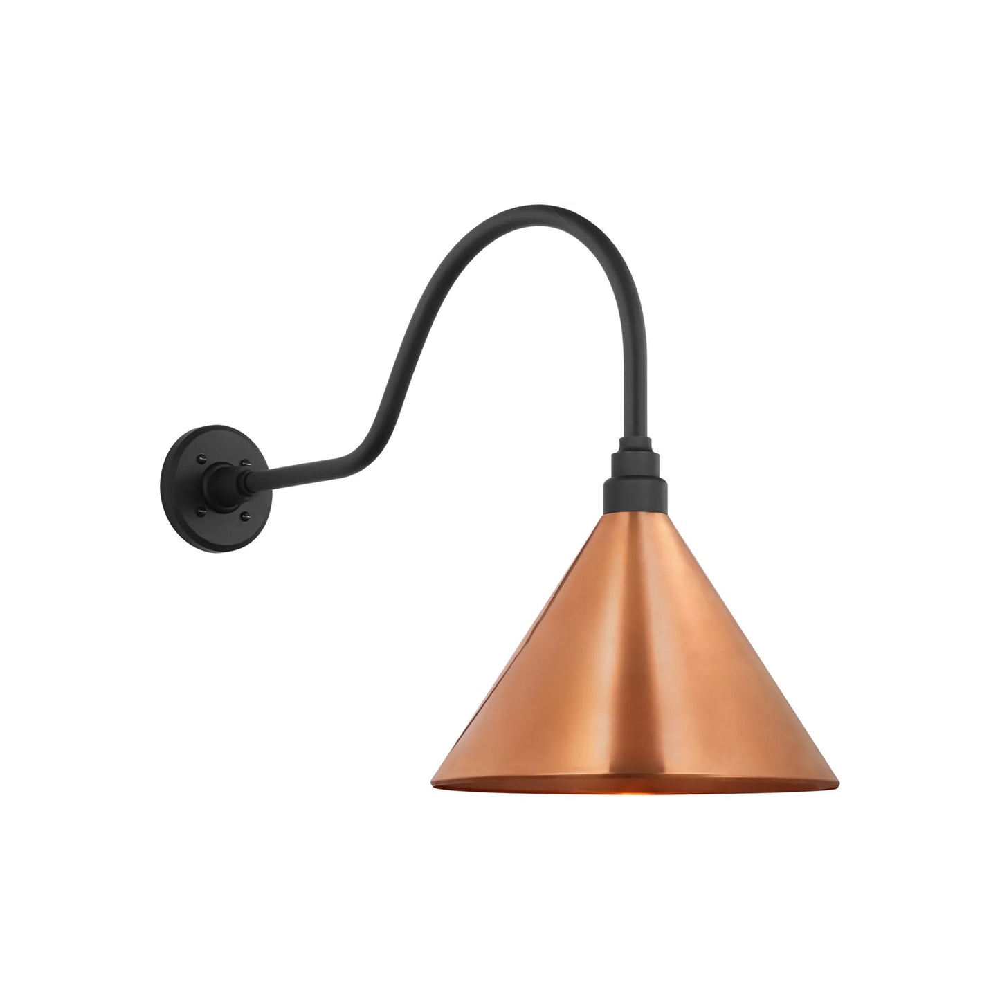 Academy Flynn Barn Outdoor Wall Light in Matte Black (12.5-Inch Soft Copper Conical Savannah Shade).