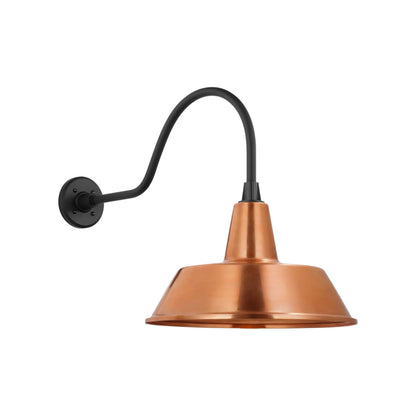 Academy Flynn Barn Outdoor Wall Light in Matte Black (16-Inch Soft Copper Bowers Shade).