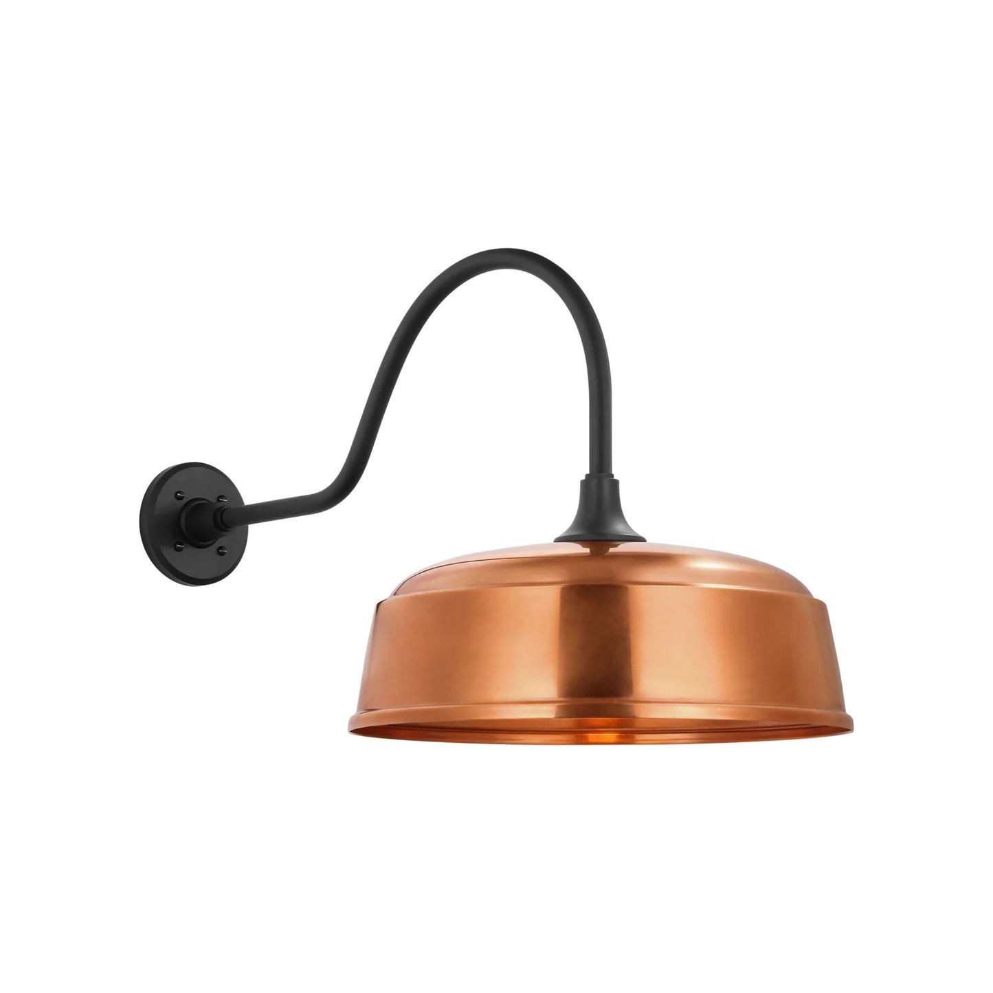Academy Flynn Barn Outdoor Wall Light in Matte Black (16-Inch Soft Copper Rockhouse Shade).