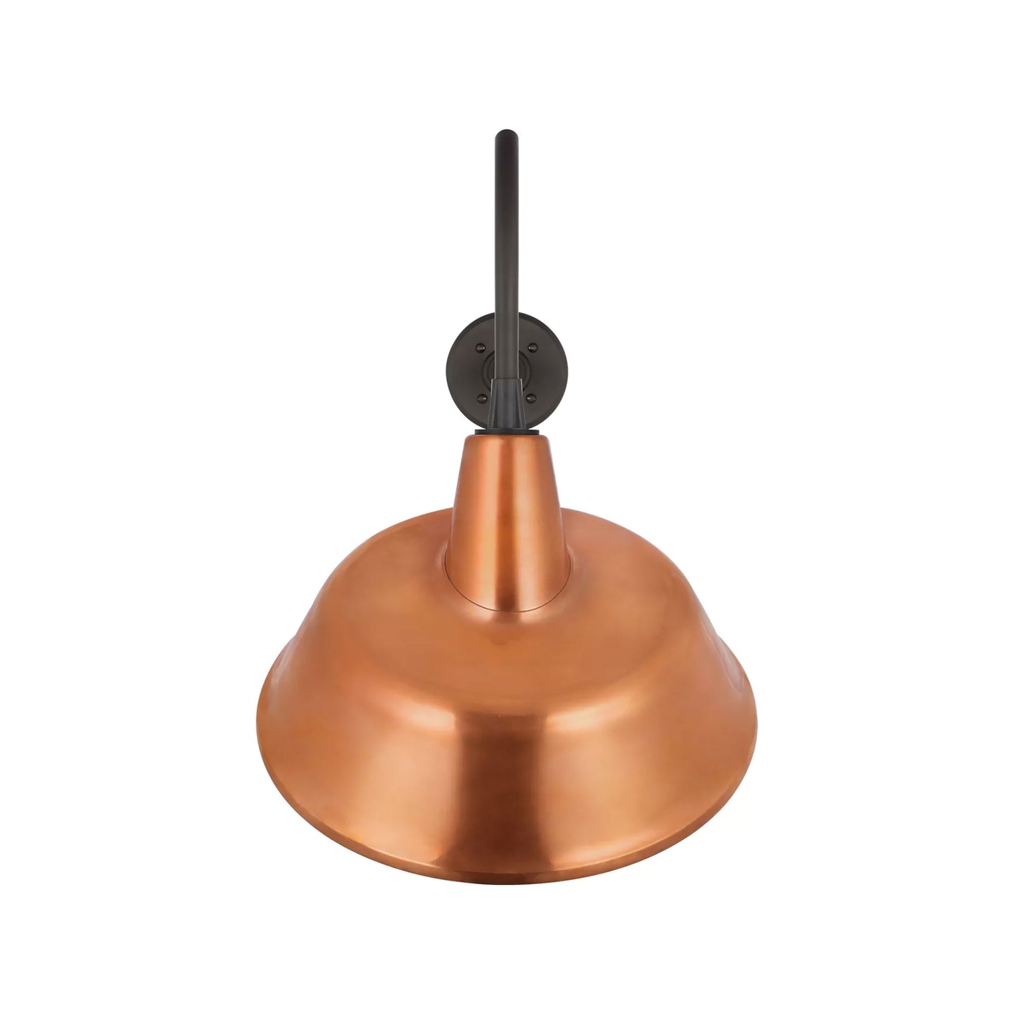 Academy Flynn Barn Outdoor Wall Light in Matte Black (16-Inch Soft Copper Tilted Bowers Shade).