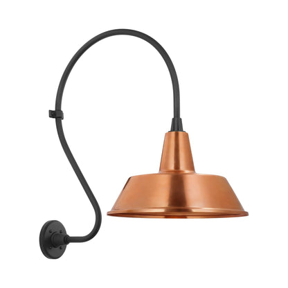 Academy Larrabee Barn Outdoor Wall Light in Matte Black/16-Inch Soft Copper Bowers Shade (24-Inch).