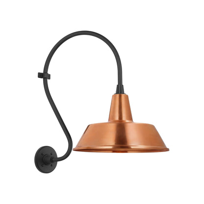 Academy Larrabee Barn Outdoor Wall Light in Matte Black/16-Inch Soft Copper Bowers Shade (21-Inch).