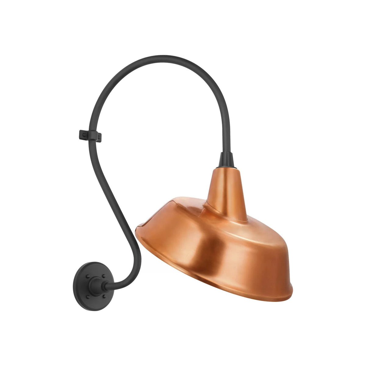 Academy Larrabee Barn Outdoor Wall Light in Matte Black/16-Inch Soft Copper Tilted Bowers Shade (21-Inch).