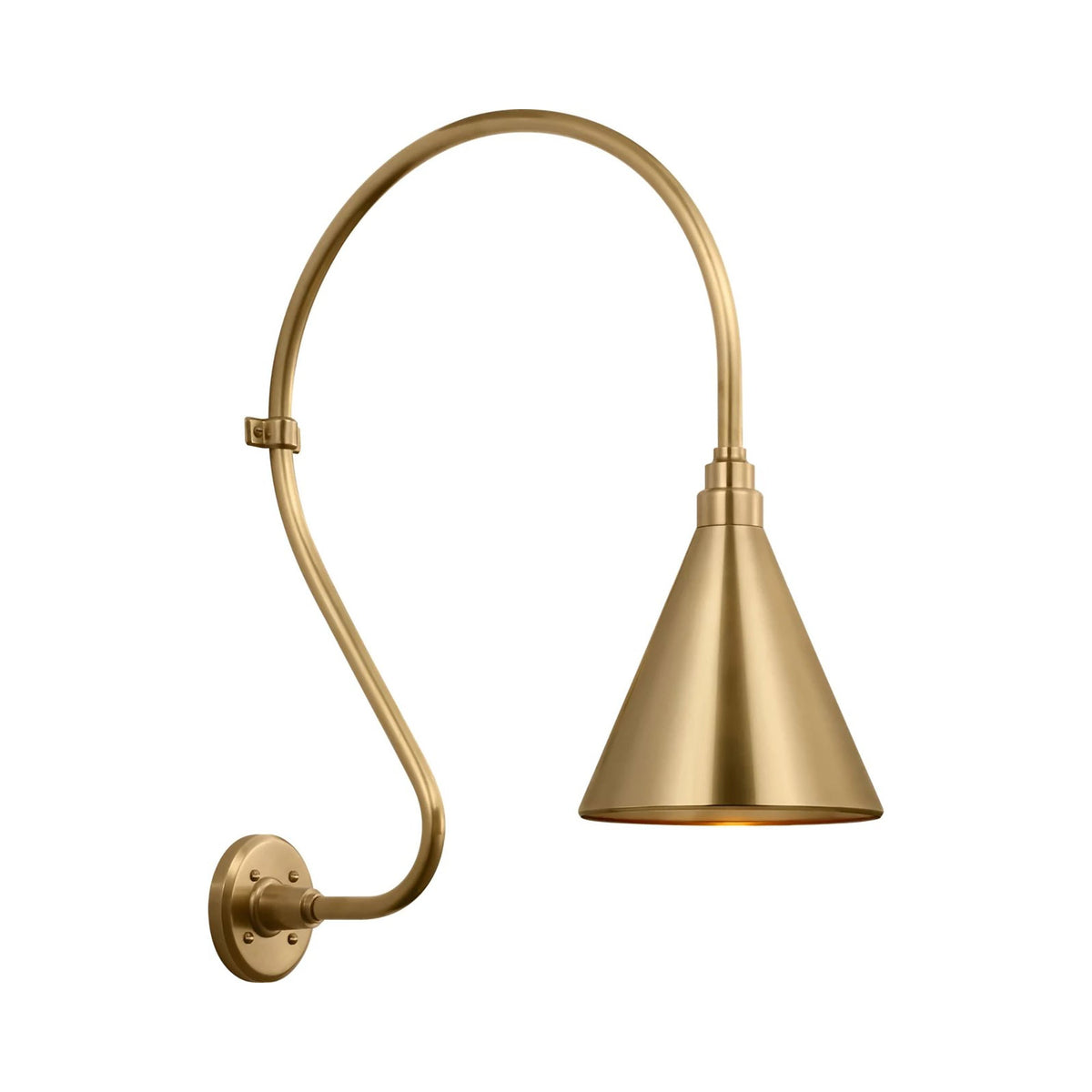 Academy Larrabee Barn Outdoor Wall Light in Hand-Rubbed Antique Brass/9-Inch Hand-Rubbed Antique Brass Conical Savannah Shade (24-Inch).