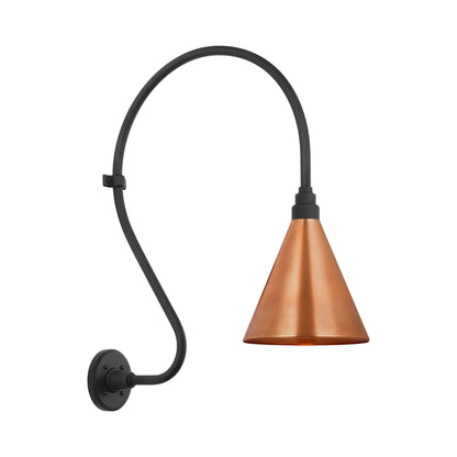 Academy Larrabee Barn Outdoor Wall Light in Matte Black/9-Inch Soft Copper Conical Savannah Shade (24-Inch).