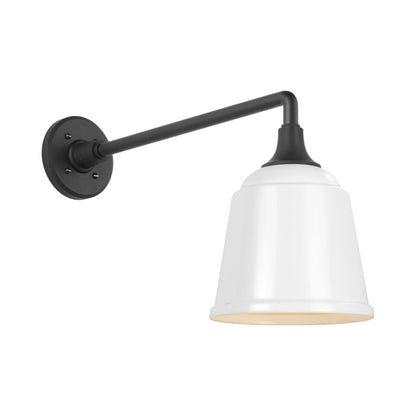 Academy Mack Barn Outdoor Wall Light in Matte Black (8-Inch White Rockhouse Shade).