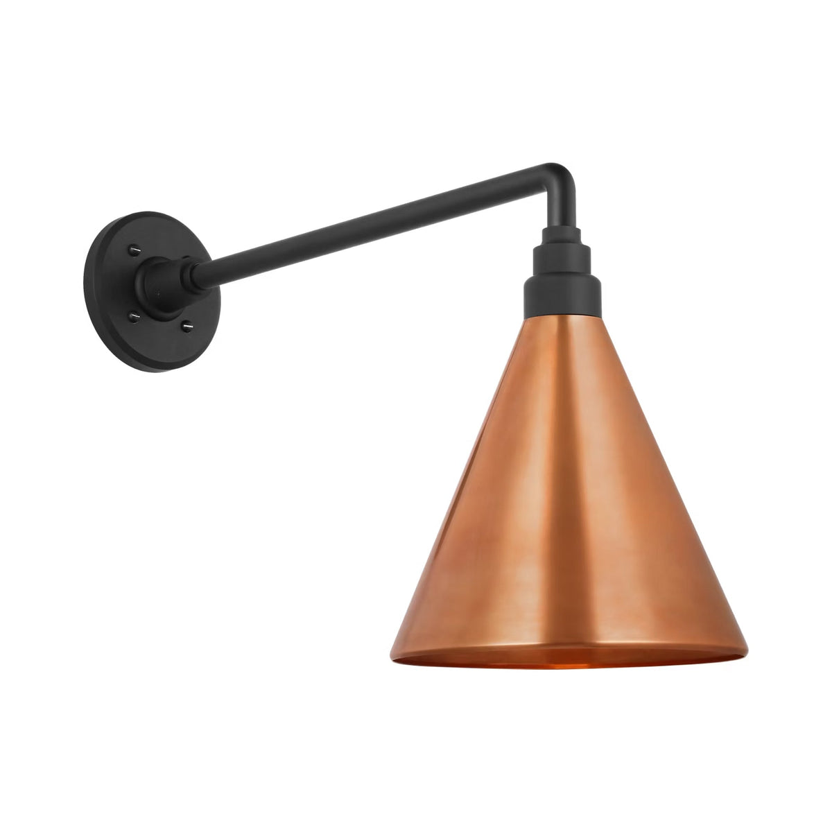 Academy Mack Barn Outdoor Wall Light in Matte Black (9-Inch Soft Copper Conical Savannah Shade).