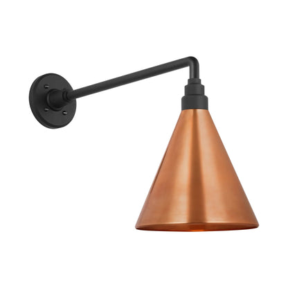 Academy Mack Barn Outdoor Wall Light in Matte Black (9-Inch Soft Copper Conical Savannah Shade).