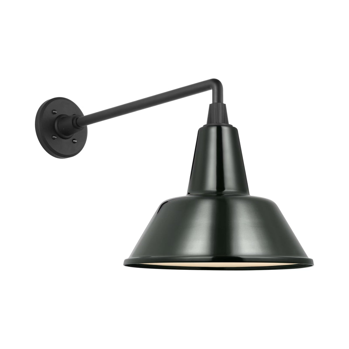 Academy Mack Barn Outdoor Wall Light in Matte Black (12.5-Inch Green Bowers Shade).