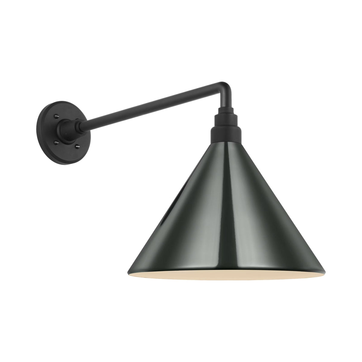 Academy Mack Barn Outdoor Wall Light in Matte Black (12.5-Inch Green Conical Savannah Shade).
